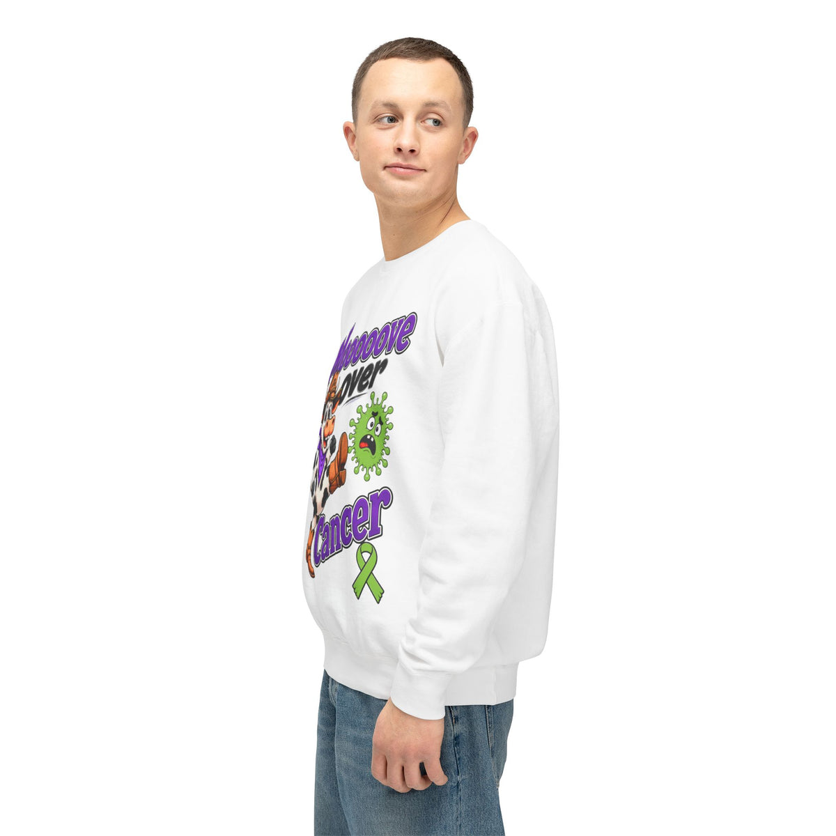 Side profile of Moooove Over Cancer crewneck sweatshirt with Non-Hodgkin/Lymphoma Cancer awareness ribbon