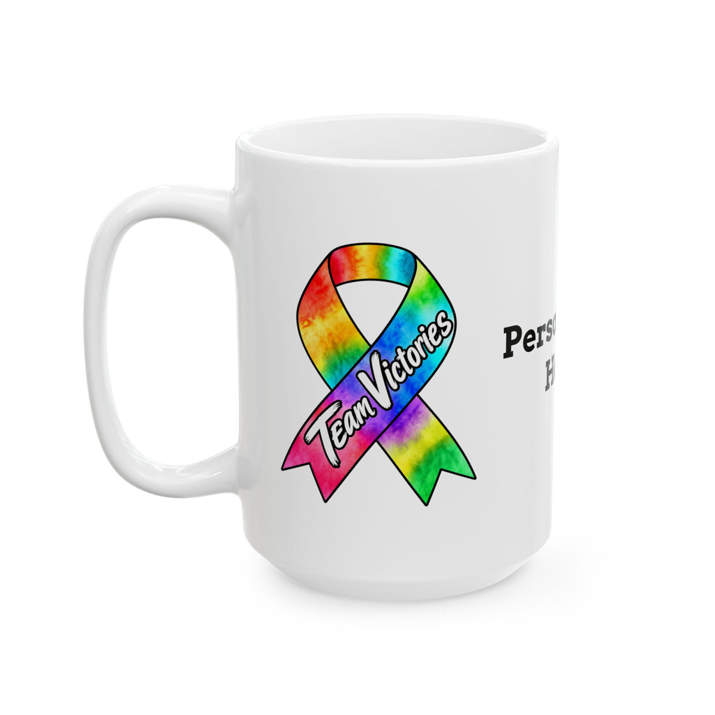 Moooove Over Cancer mug showing the cow artwork and all-cancer awareness ribbon