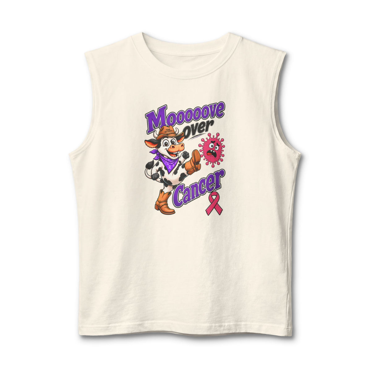 Natural Moooove Over Cancer tank top with character artwork and Breast Cancer awareness ribbon