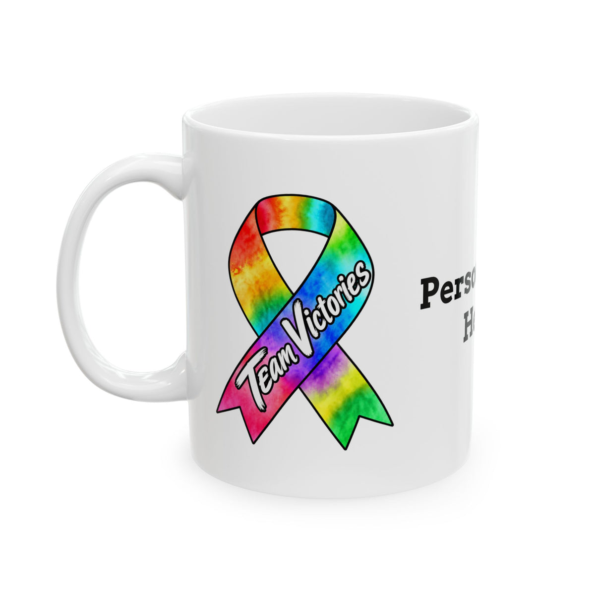 Team Victories mug featuring Moooove Over Cancer artwork and an all-cancer awareness ribbon