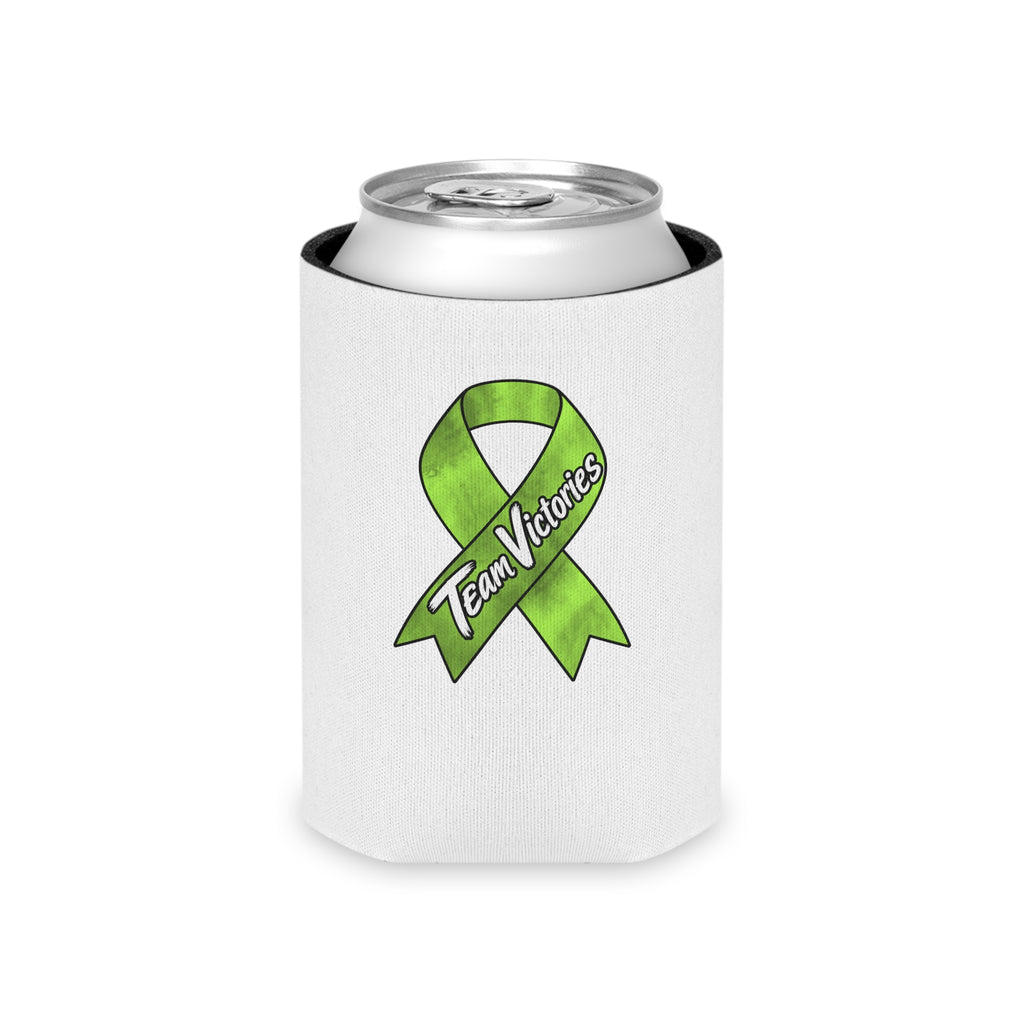 Team Victories green ribbon design displayed on a can cooler around a drink