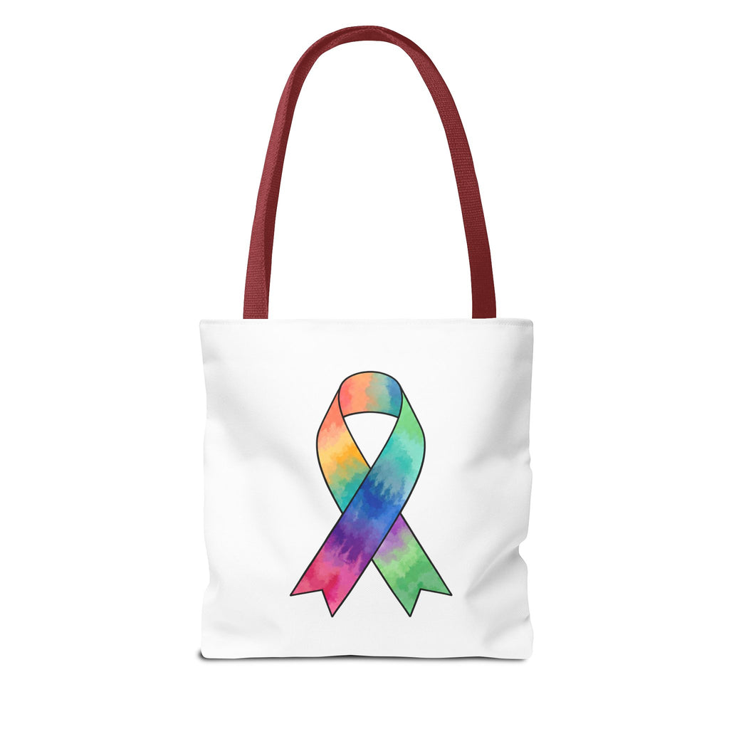 Tote bag with a colorful cancer awareness ribbon and red handles