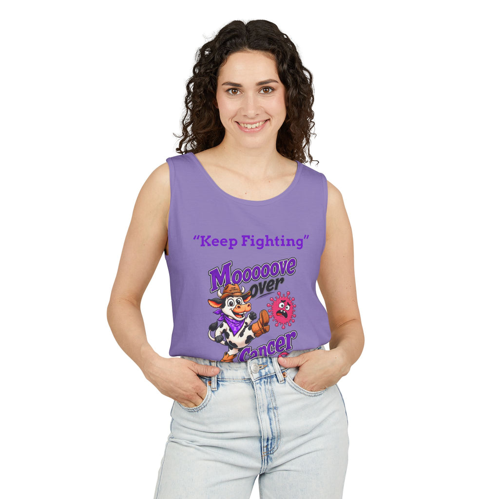 Man modeling bright pink Moooove Over Cancer tank top with cowgirl graphic