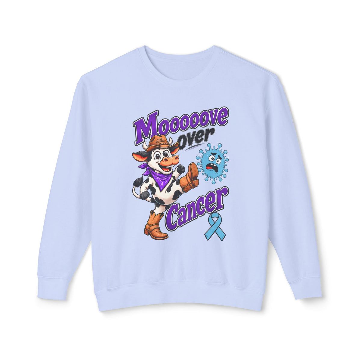 Moooove Over Cancer lavender sweatshirt with cow graphic and Prostate Cancer awareness ribbon