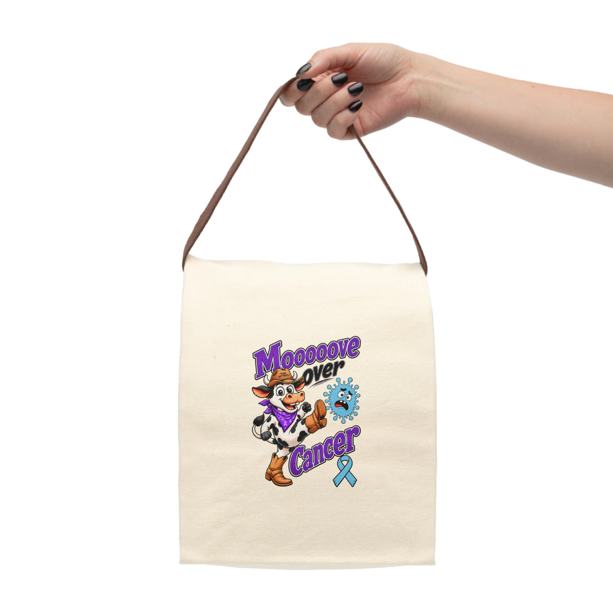 Moooove Over Cancer canvas lunch bag carried by its brown strap