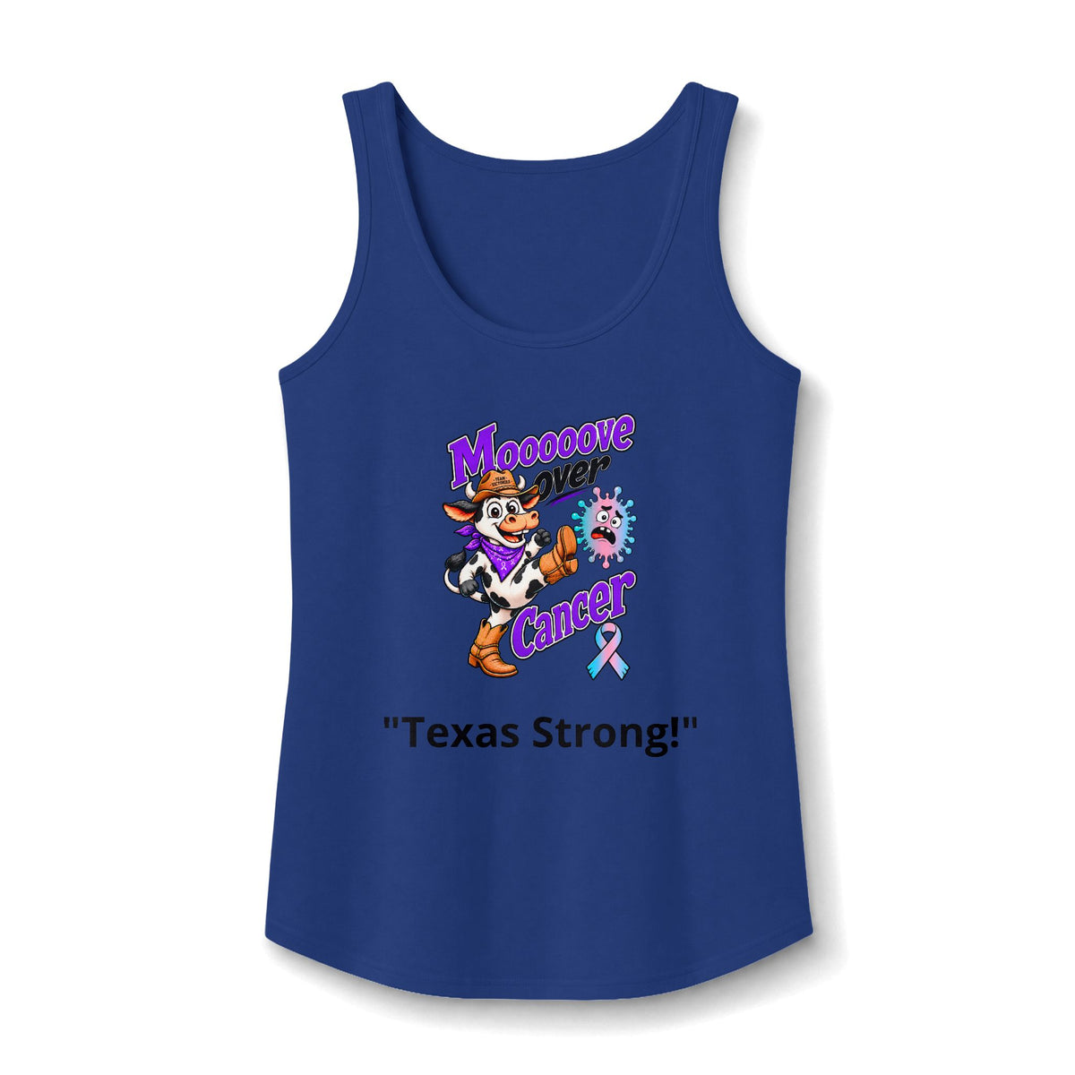 Moooove Over Cancer Texas Strong tank top with Thyroid Cancer awareness ribbon, navy