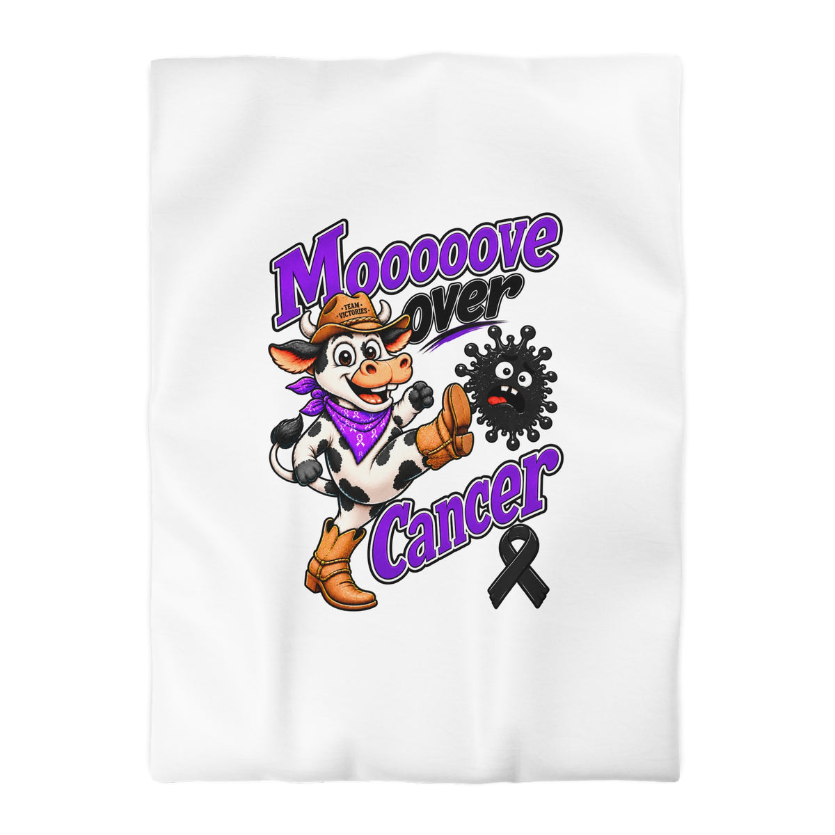 Moooove Over Cancer duvet cover styled on a bed with cowgirl cow artwork