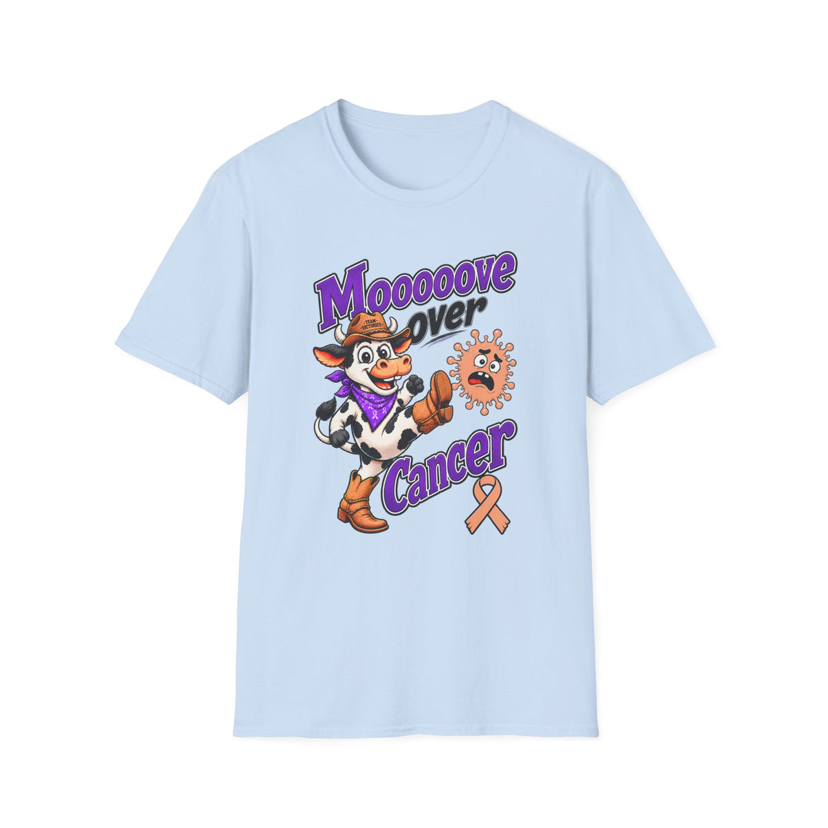 Moooove Over Cancer T-Shirt with cowgirl artwork and Uterine Cancer awareness ribbon on light blue