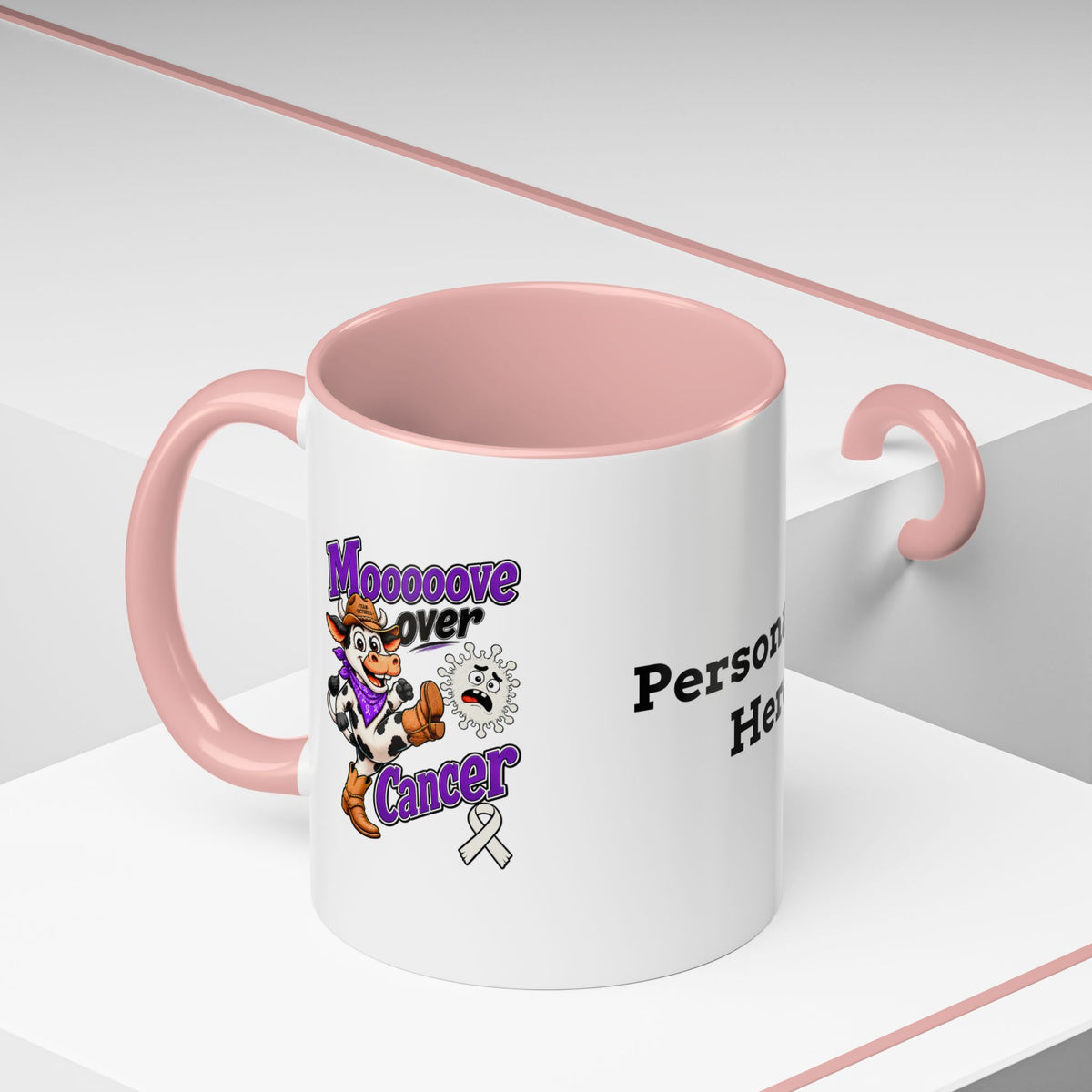 Moooove Over Cancer mug with Lung Cancer awareness ribbon and red accent handle