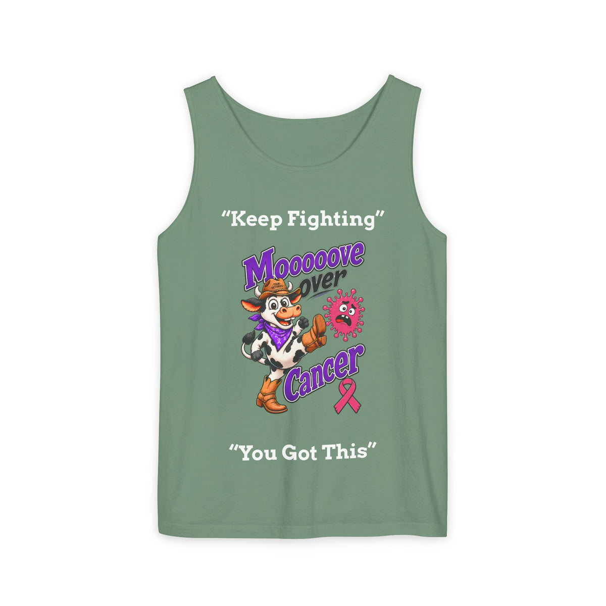 Sage green Moooove Over Cancer tank top with Breast Cancer awareness design