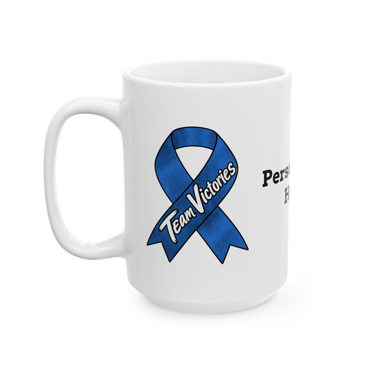 Moooove Over Cancer mug featuring a cow illustration and Colon Cancer awareness ribbon