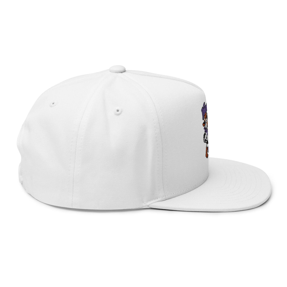Side view of white Moooove Over Cancer flat bill cap showing the flat visor