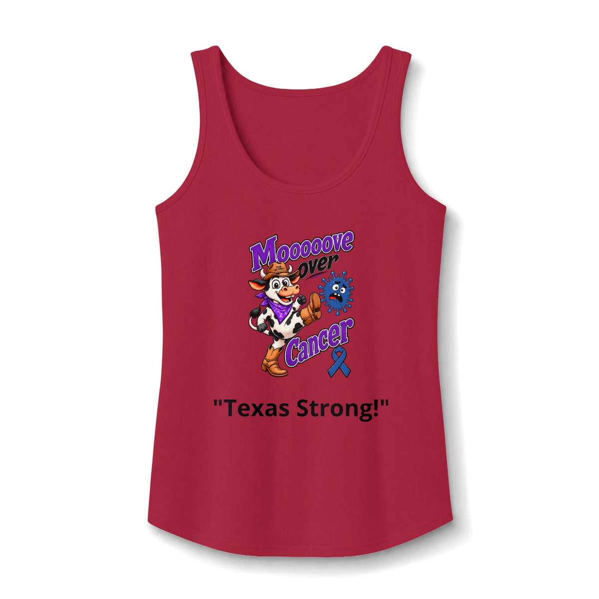 Moooove Over Cancer Texas Strong tank top with Colon Cancer awareness ribbon in red