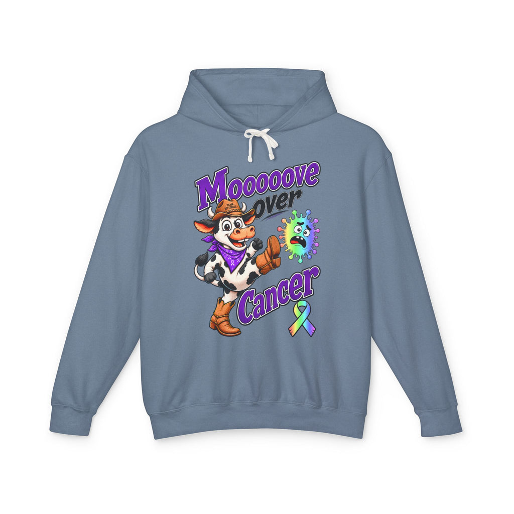 Moooove Over Cancer slate blue hoodie with colorful artwork and an all-cancer awareness ribbon