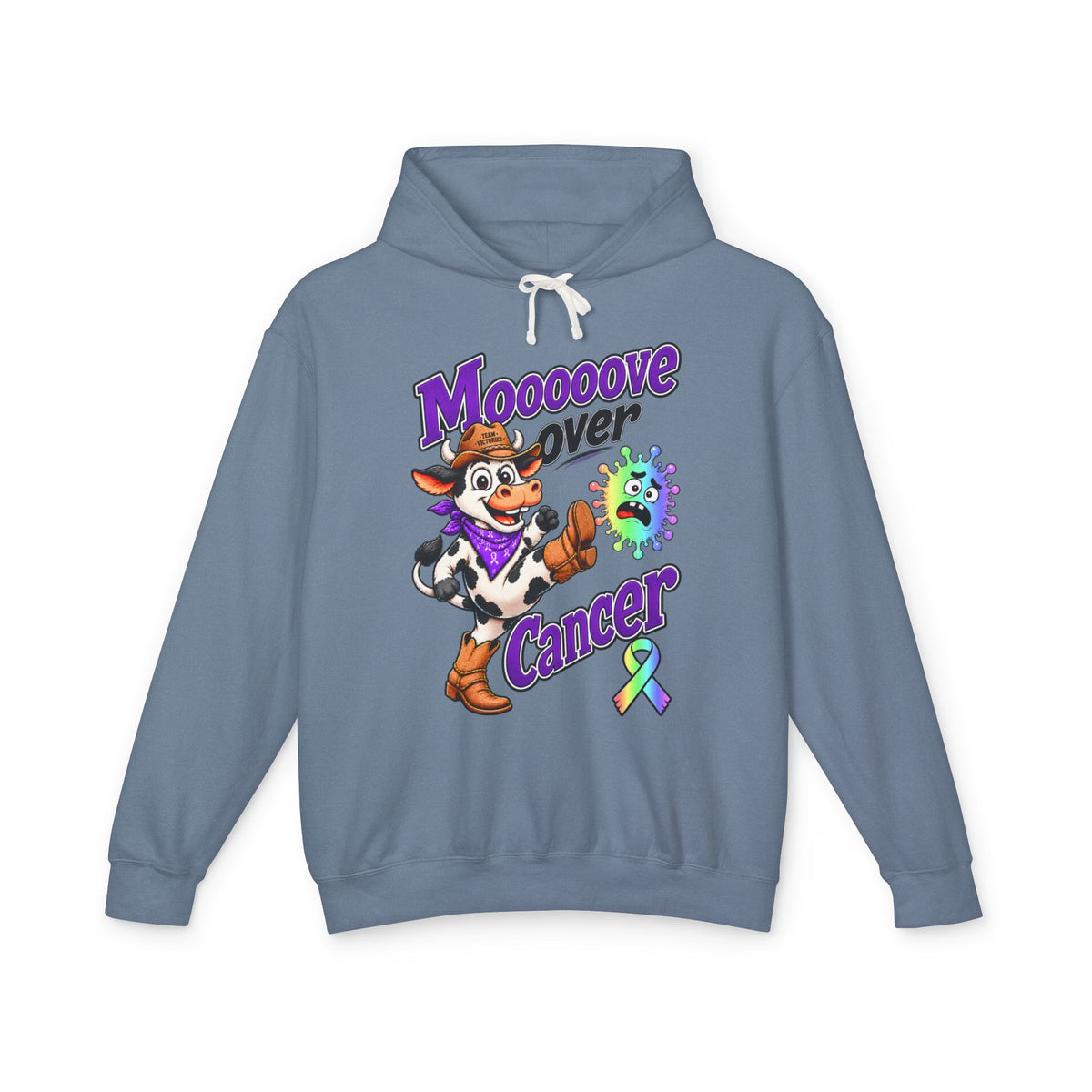 Moooove Over Cancer slate blue hoodie with colorful artwork and an all-cancer awareness ribbon