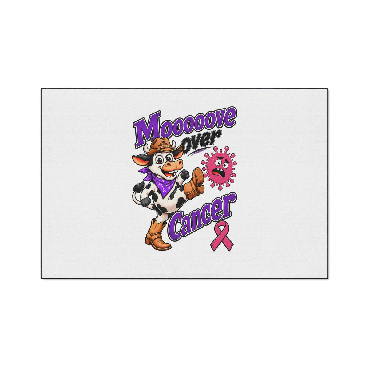 Moooove Over Cancer cowboy-cow floor mat with pink Breast Cancer awareness ribbon