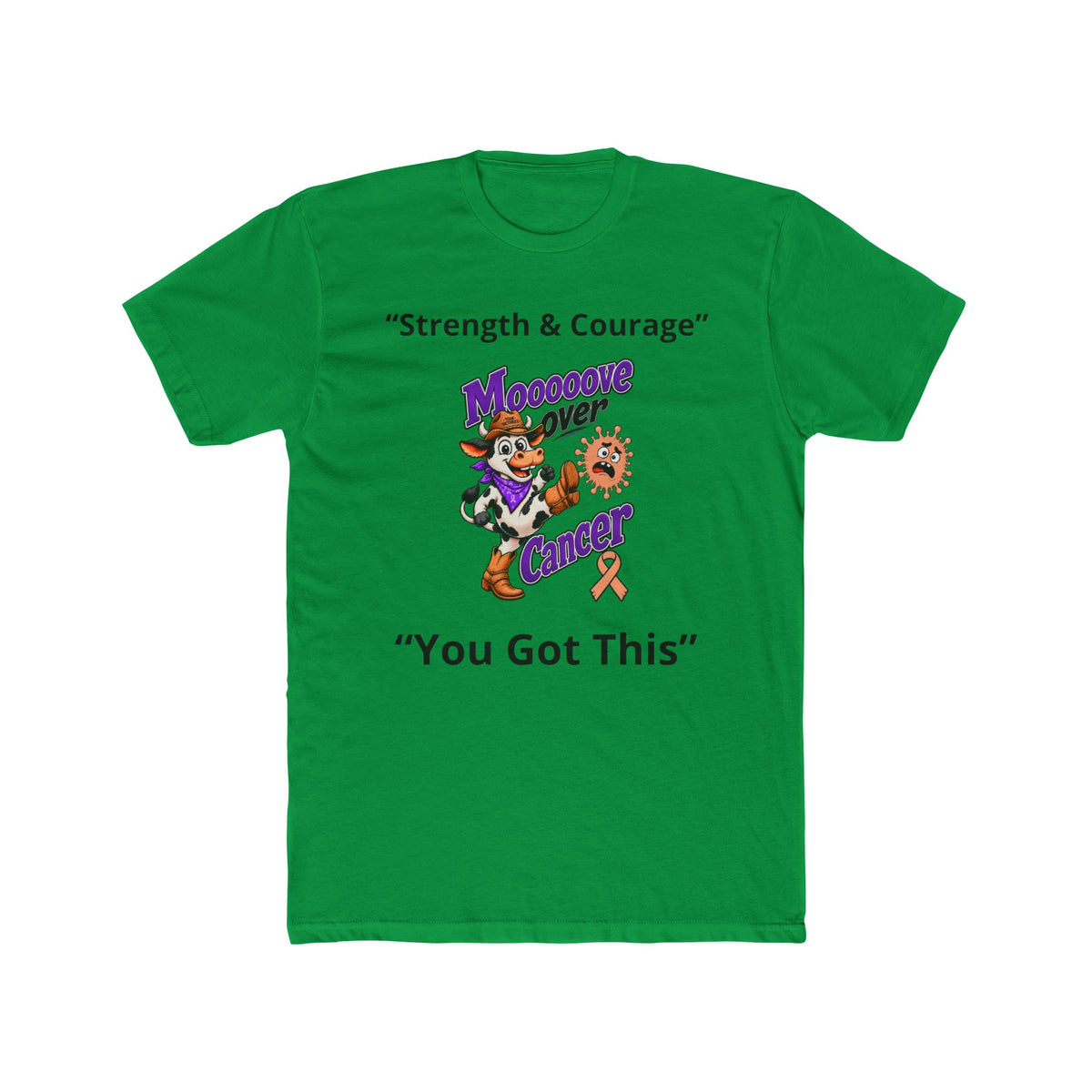 Green Moooove Over Cancer personalized T-shirt with cowboy cancer support graphic
