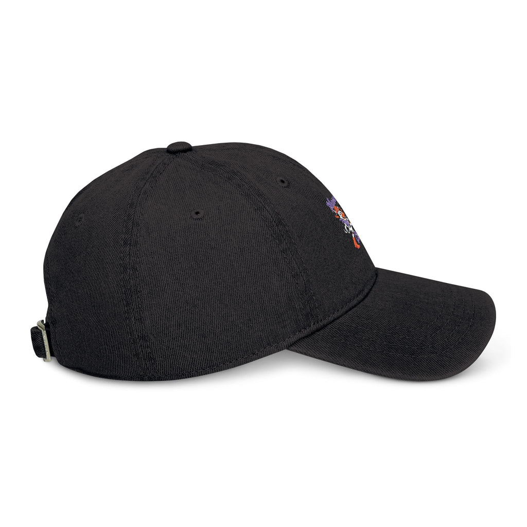 Side view of the black Moooove Over Cancer low-profile denim hat