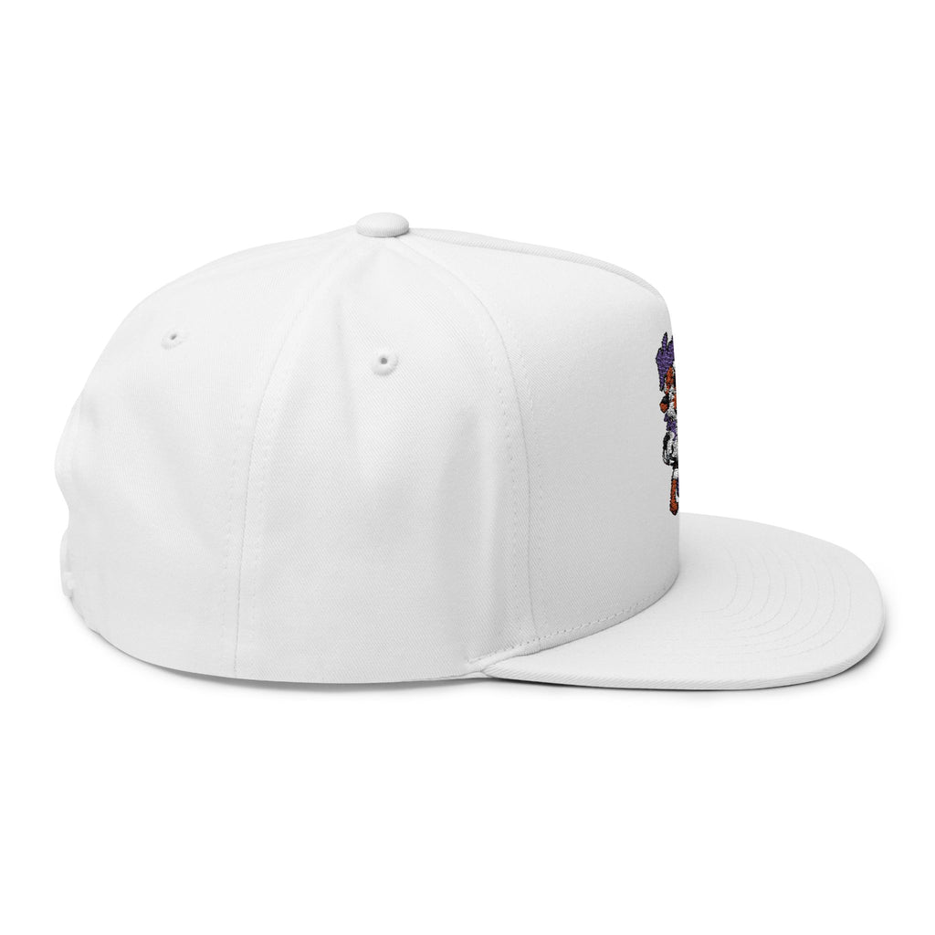 Side view of white Moooove Over Cancer flat bill cap showing structured five-panel design