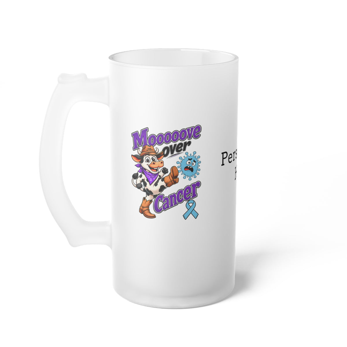 Moooove Over Cancer frosted glass mug with colorful cow artwork and blue Team Victories ribbon