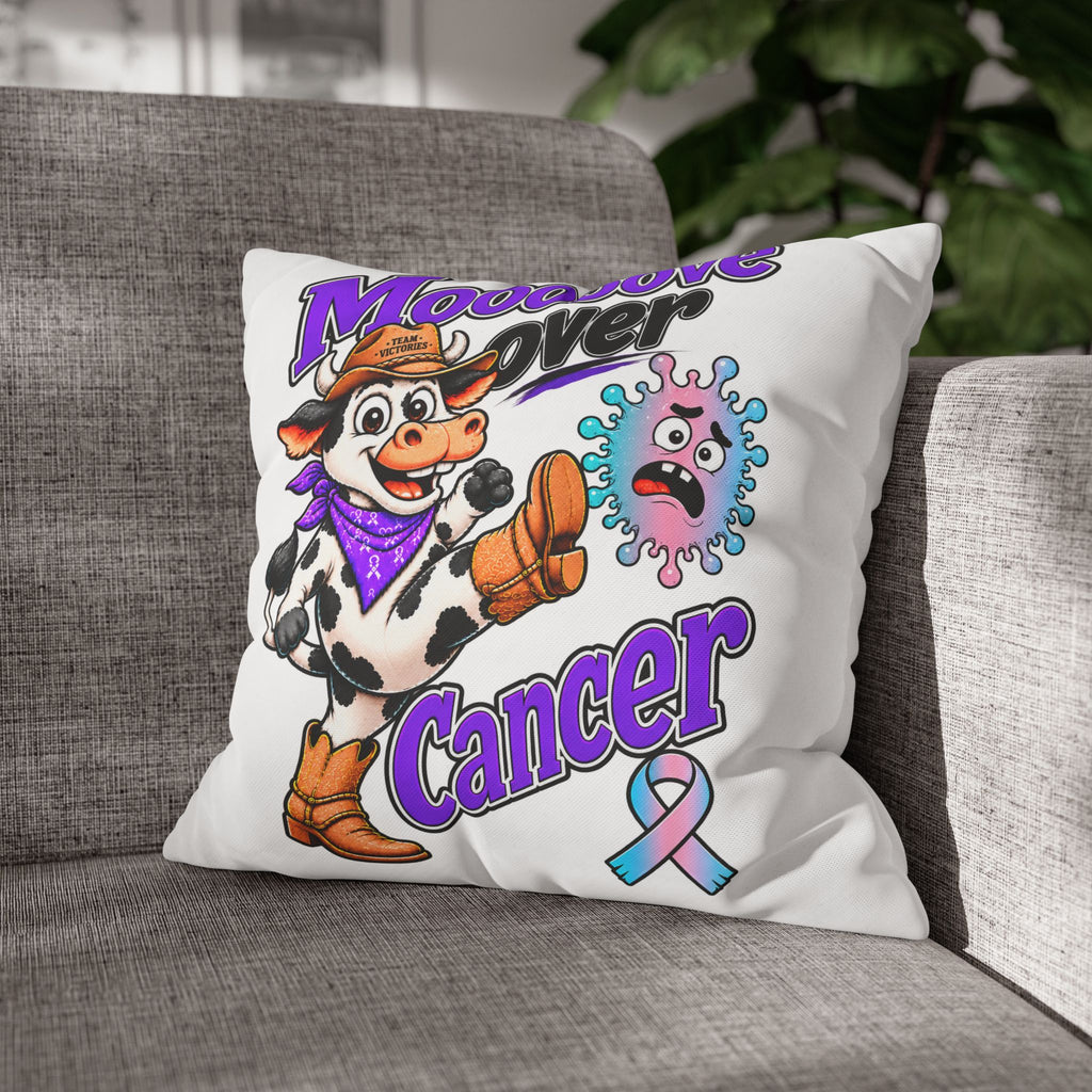 Moooove Over Cancer pillow cover displayed on a gray armchair
