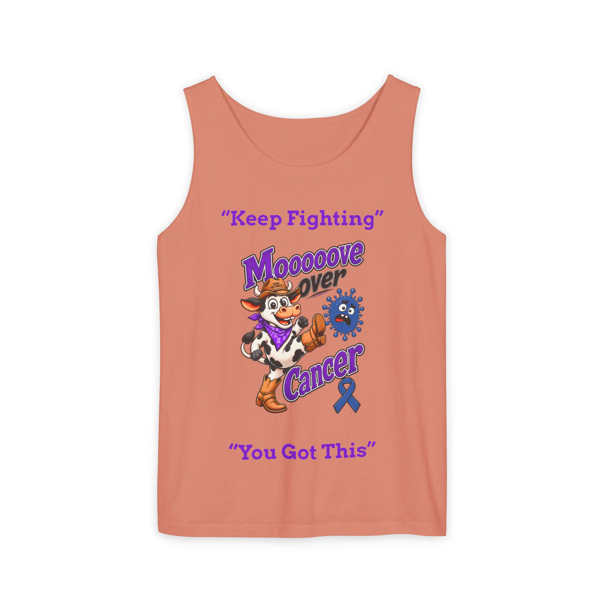 Coral Moooove Over Cancer tank top with Colon Cancer awareness ribbon graphic