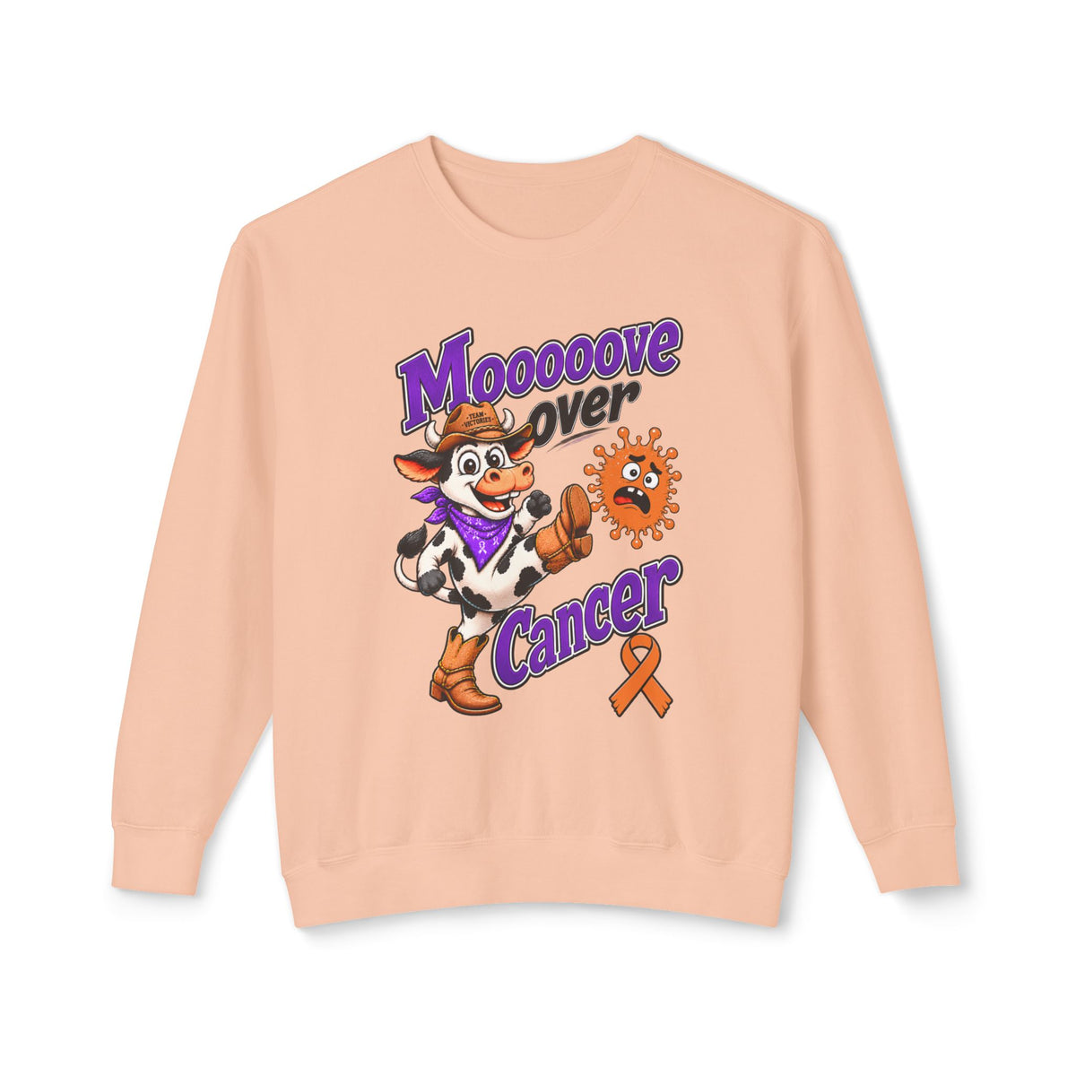 Front view of Moooove Over Cancer crewneck sweatshirt with Leukemia/Kidney Cancer awareness ribbon