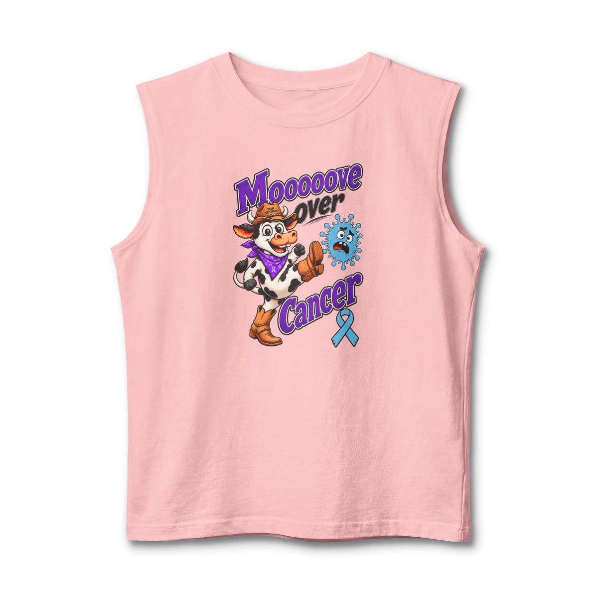 Moooove Over Cancer tank top with Prostate Cancer awareness ribbon on pink
