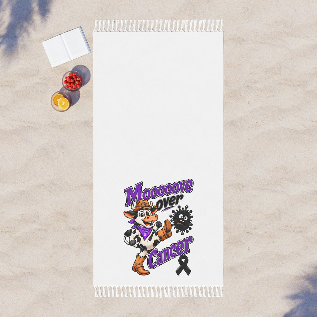 Top view of Mooove Over Cancer beach towel with cow artwork and black ribbon