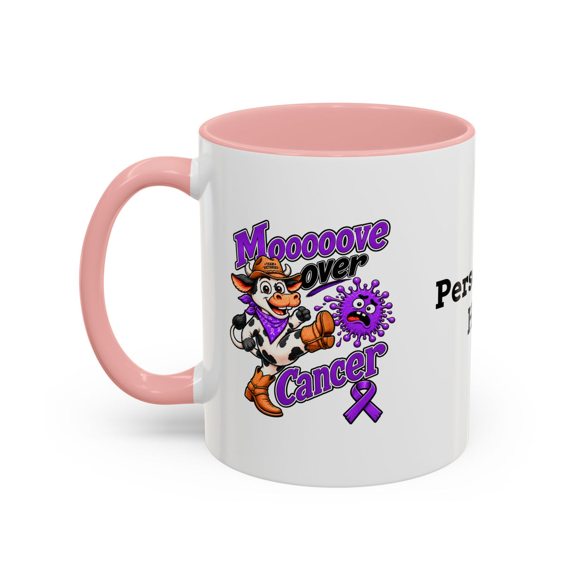 Moooove Over Cancer ceramic mug with cow artwork and pink accent handle