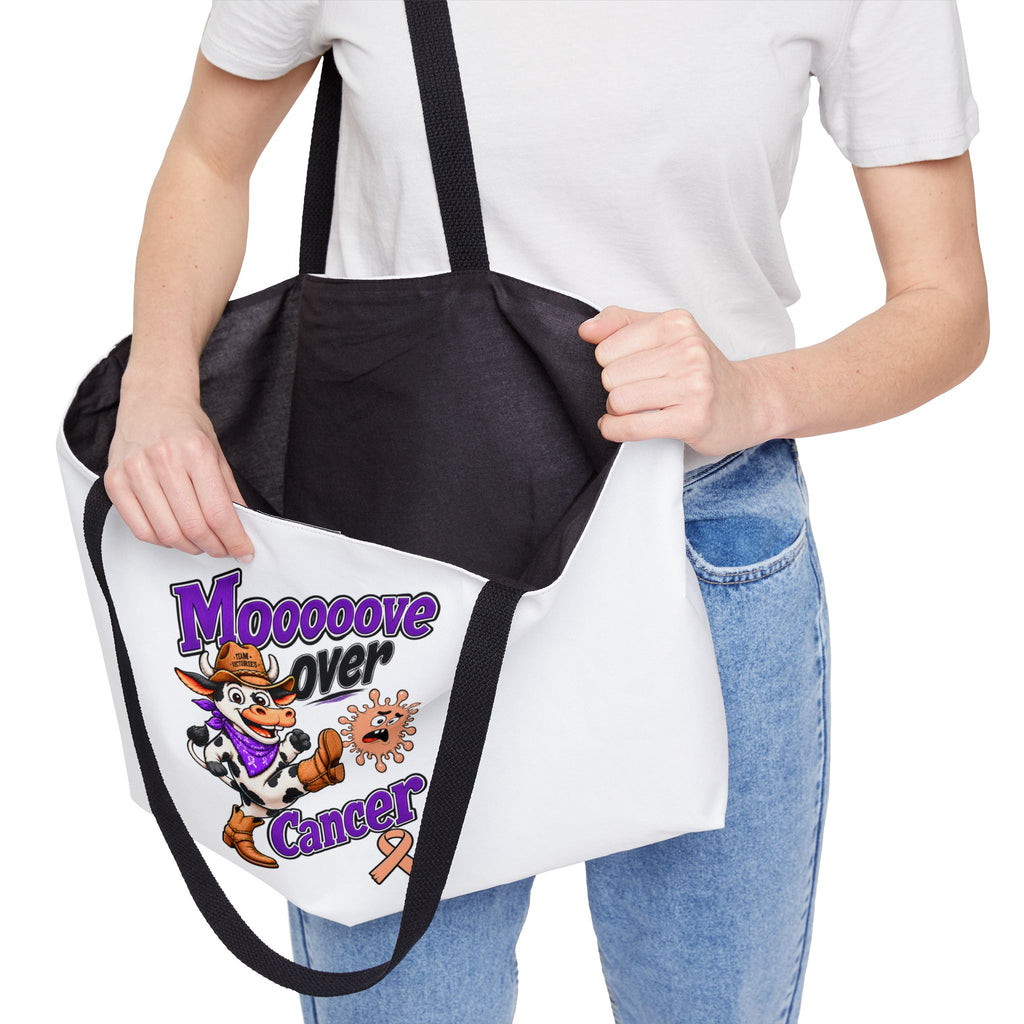 Moooove Over Cancer weekender tote opened to show its black interior lining and handles