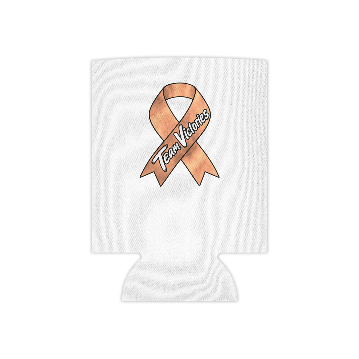 Team Victories peach cancer awareness ribbon on a white can cooler