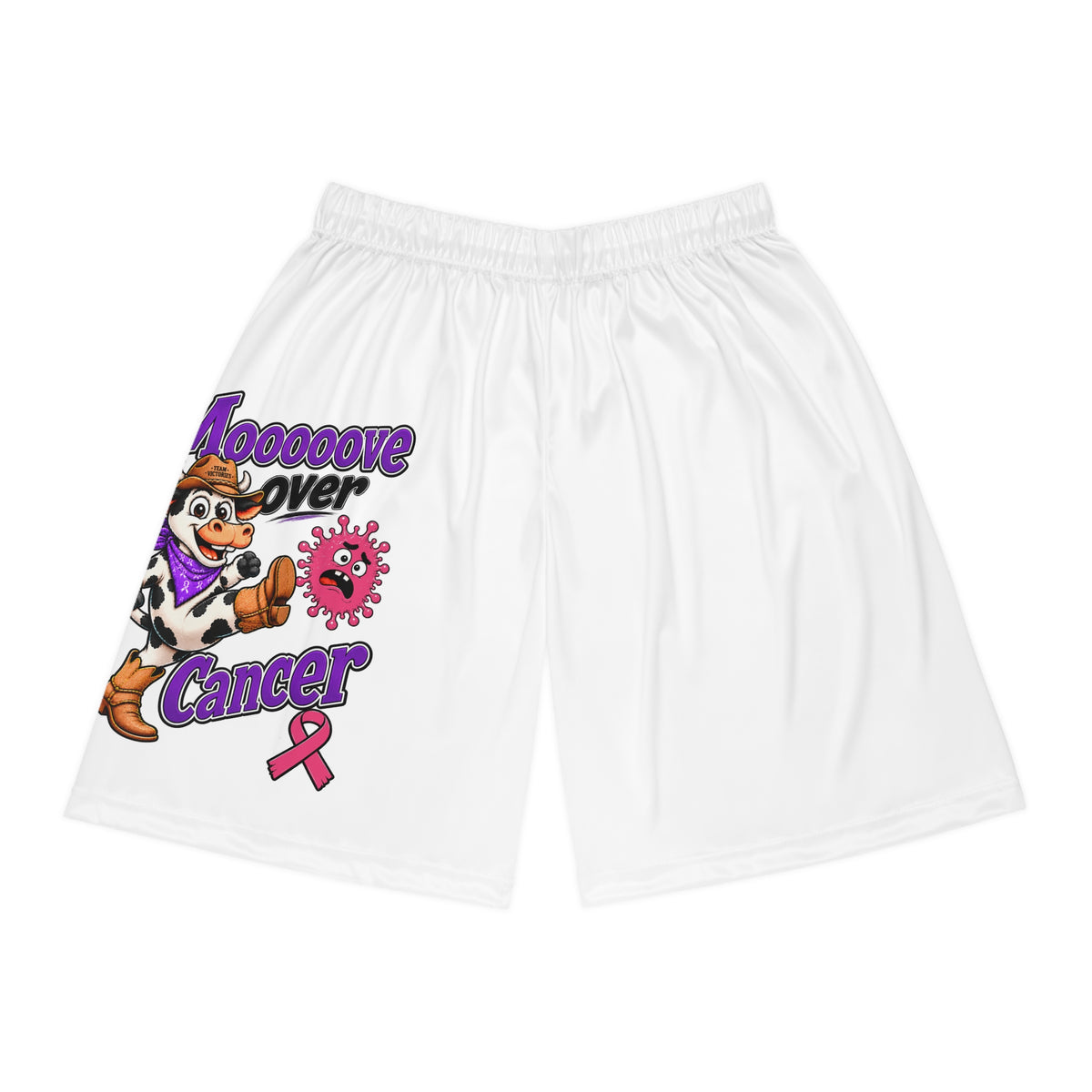 Front view of Moooove Over Cancer cow artwork and pink ribbon on white basketball shorts