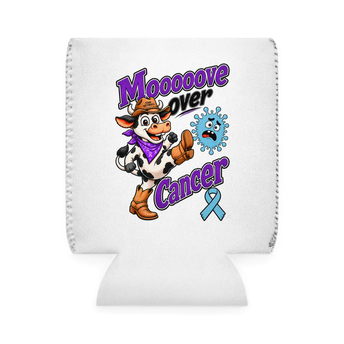 Moooove Over Cancer can cooler sleeve with a light blue Prostate Cancer awareness ribbon