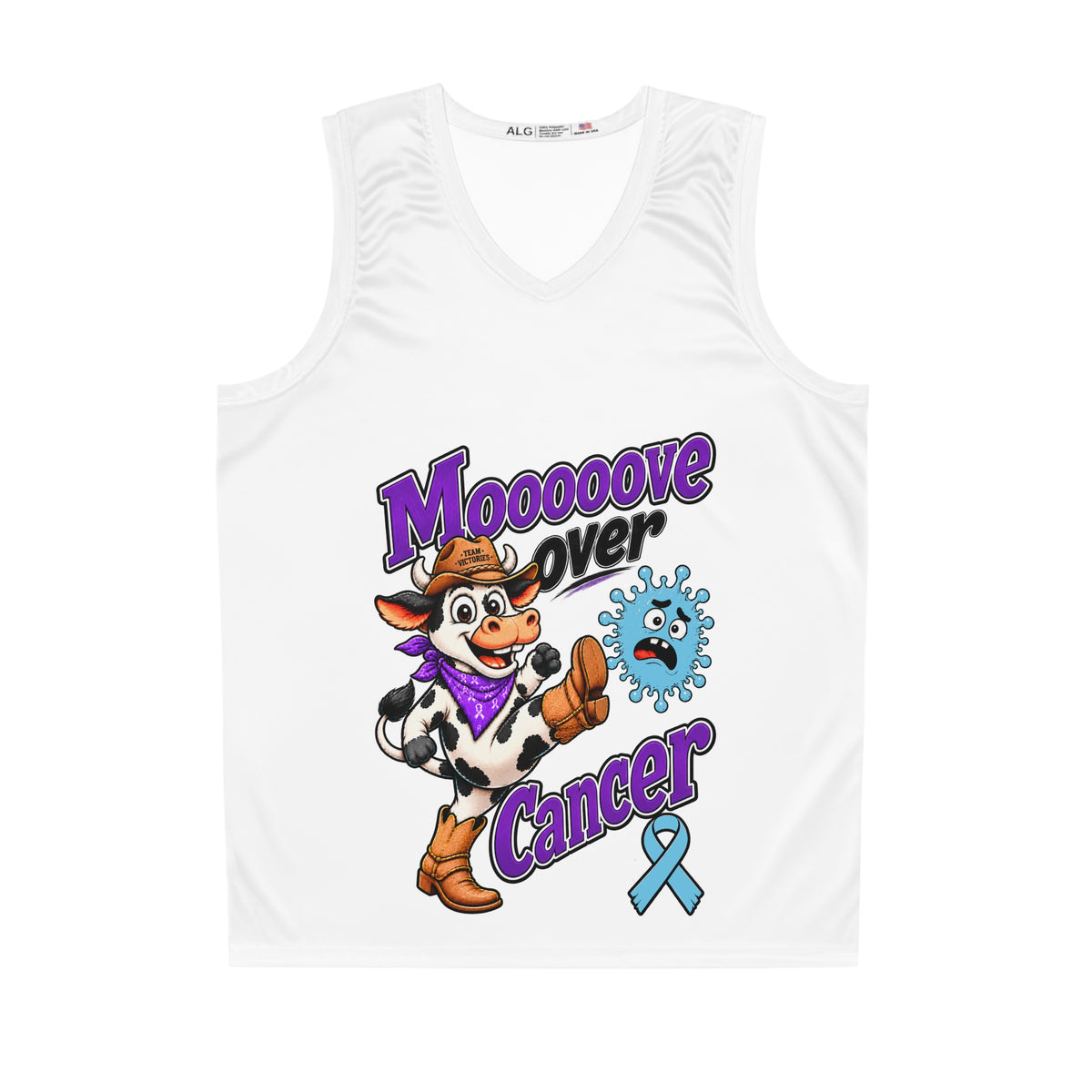 Moooove Over Cancer basketball jersey with cow mascot, basketball, and blue ribbon artwork