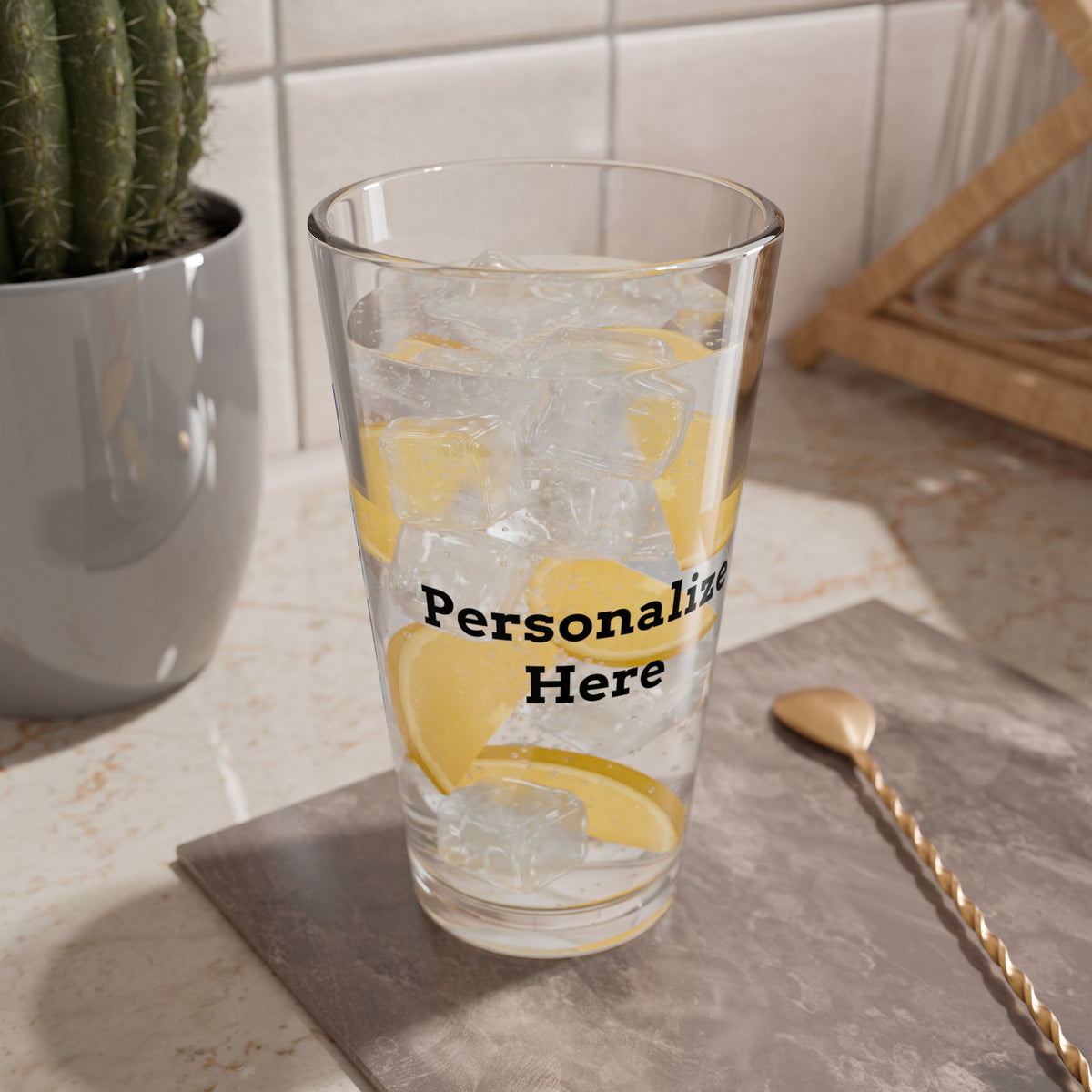 Moooove Over Cancer custom-name glass with ice and lemon in a kitchen setting