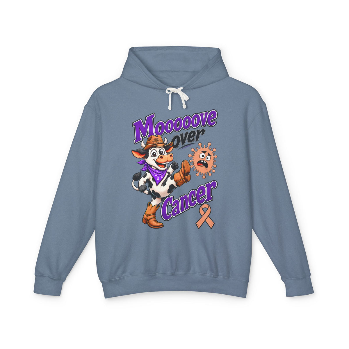 Slate blue Moooove Over Cancer hoodie with cow graphic and peach Uterine Cancer awareness ribbon