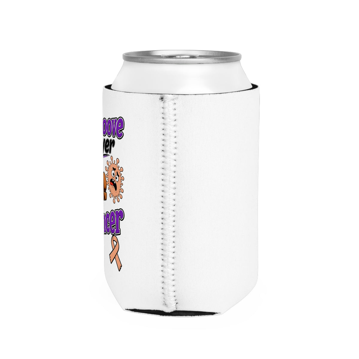 Side and back view of the Moooove Over Cancer can cooler sleeve with stitched seam
