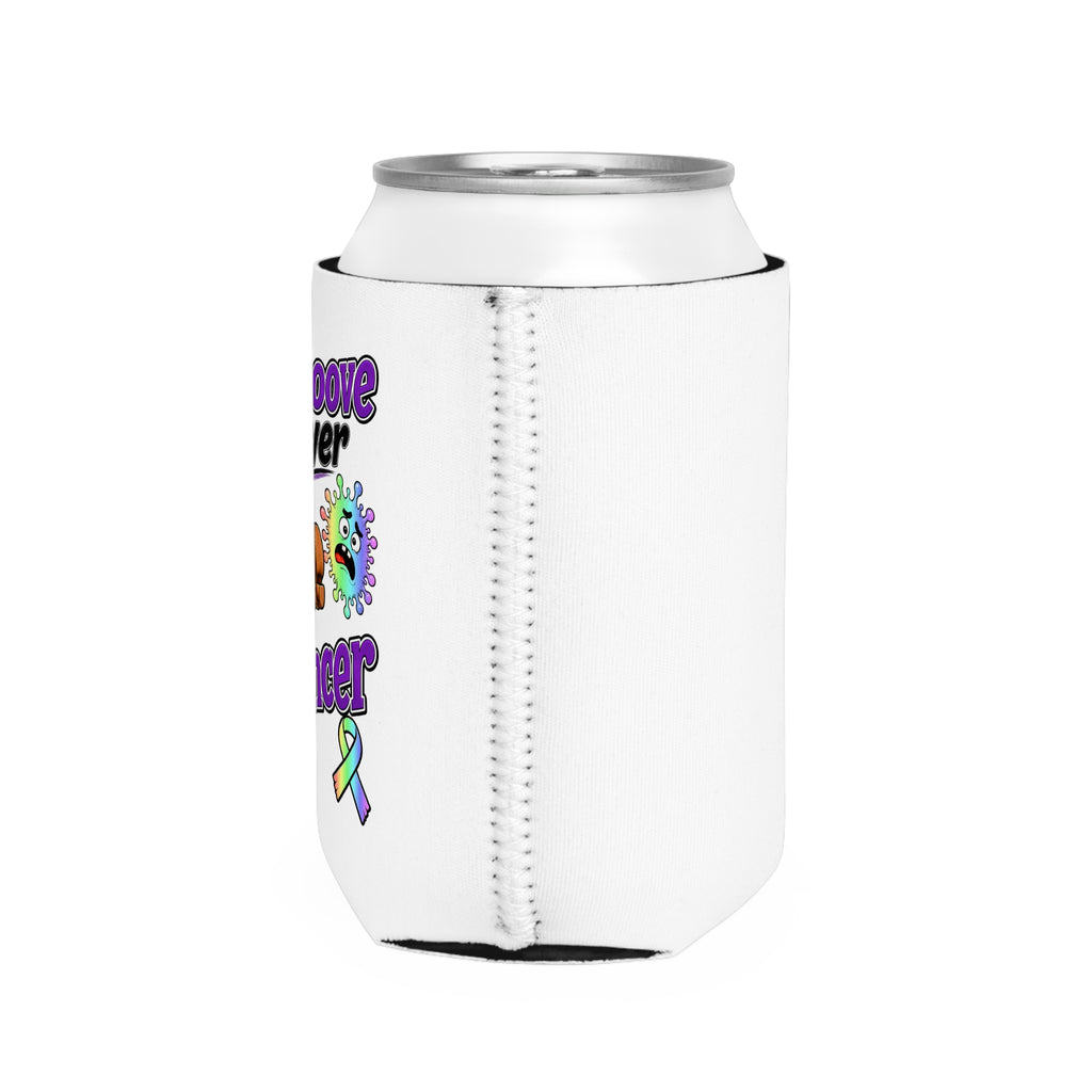 Rear side view of Moooove Over Cancer can cooler with visible stitched seam