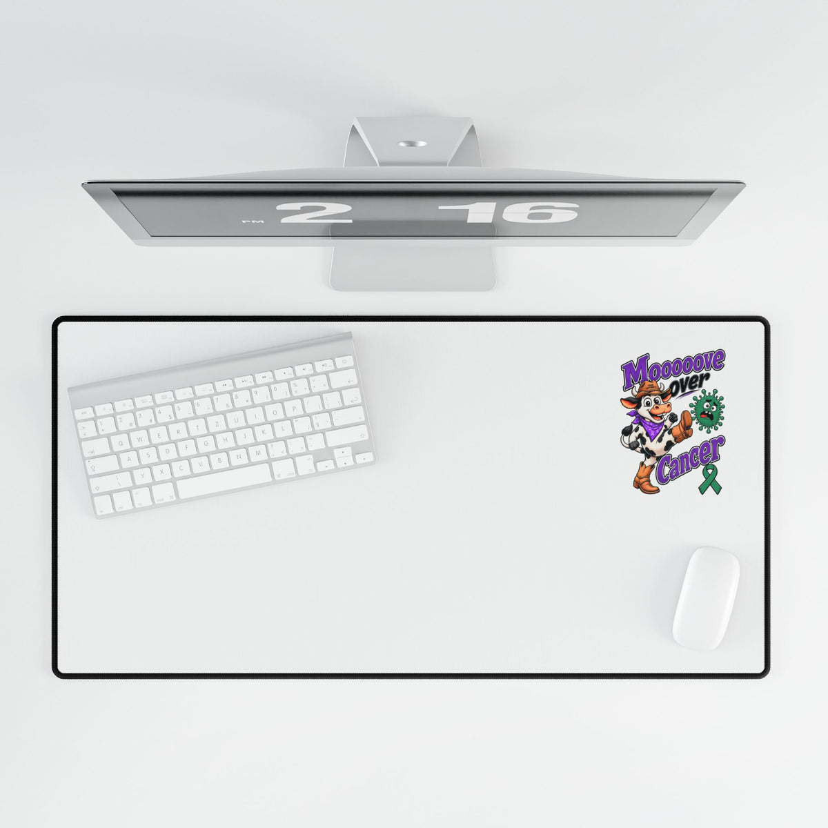 Moooove Over Cancer desk mat showing Liver Cancer awareness ribbon artwork with keyboard and mouse