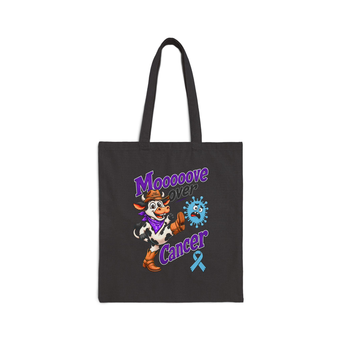 Moooove Over Cancer canvas tote bag with cow graphic and blue ribbon on black canvas