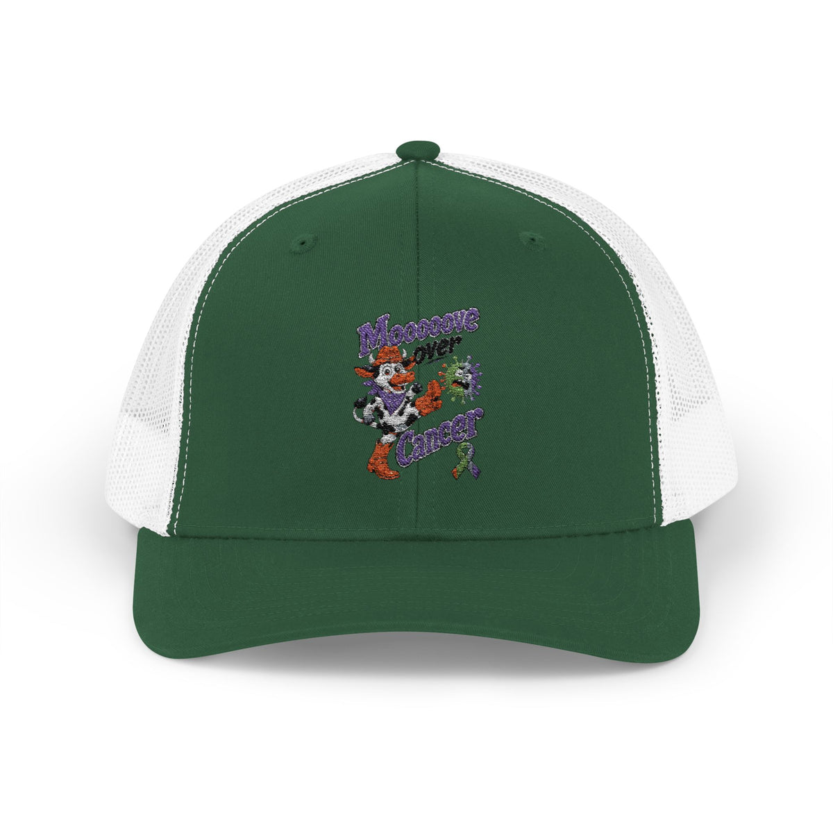 Moooove Over Cancer embroidered trucker hat with all-cancer awareness ribbon artwork, front view