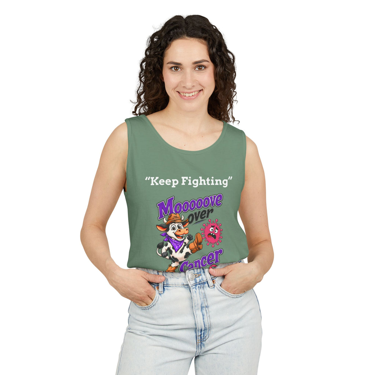 Man modeling cyan Moooove Over Cancer tank top with Breast Cancer awareness ribbon