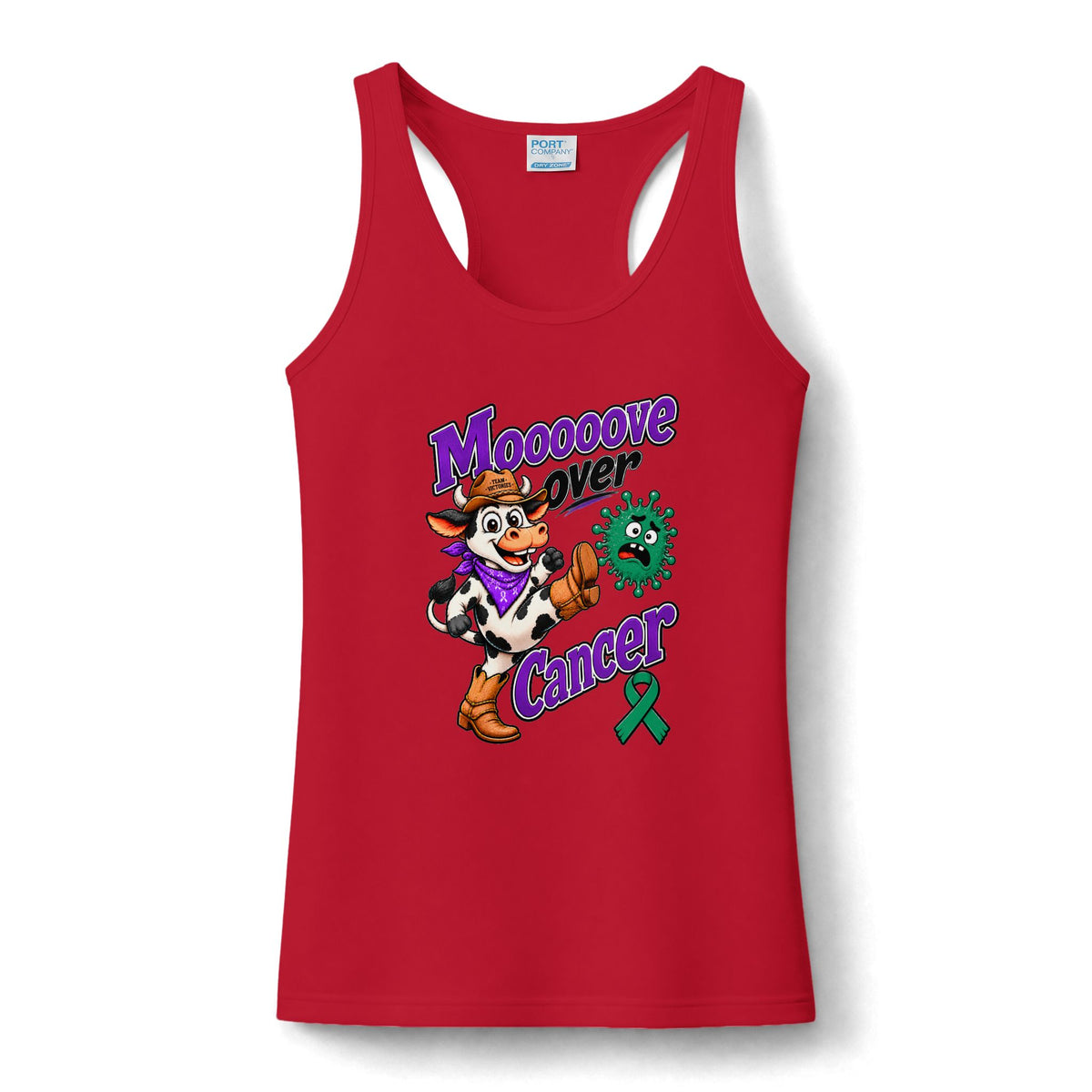 Red Moooove Over Cancer racerback tank top featuring a Liver Cancer awareness ribbon