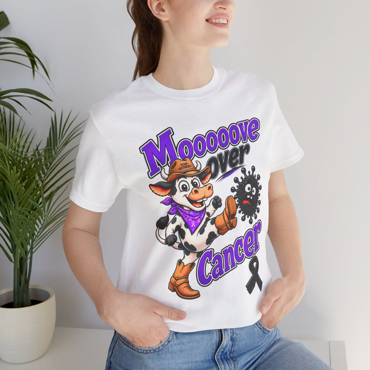Man modeling the white Moooove Over Cancer crew-neck T-shirt