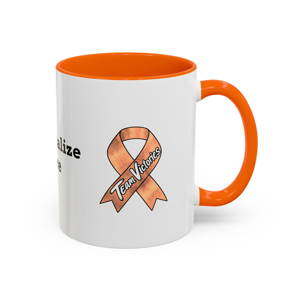 Moooove Over Cancer mug with colorful artwork, yellow handle, and peach Uterine Cancer awareness ribbon