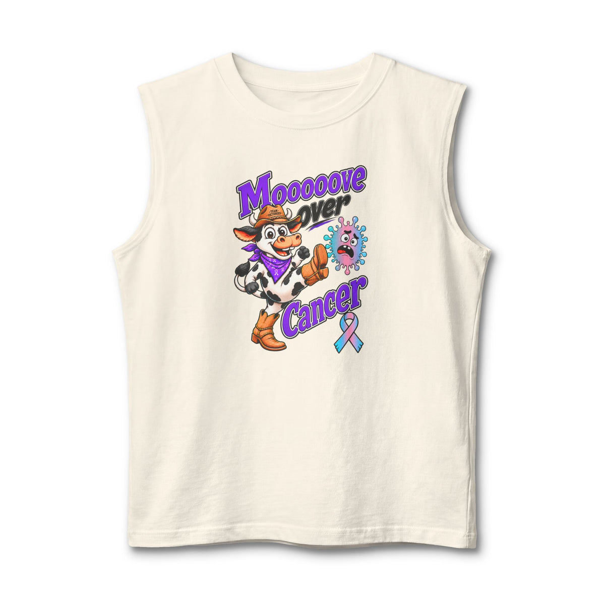 Cream Moooove Over Cancer tank top with cow artwork and Thyroid Cancer awareness ribbon