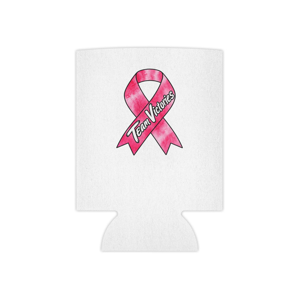 Team Victories pink awareness ribbon design on a white can cooler