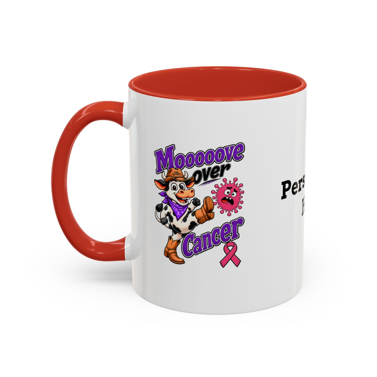 Moooove Over Cancer mug with red handle and Team Victories Breast Cancer awareness ribbon