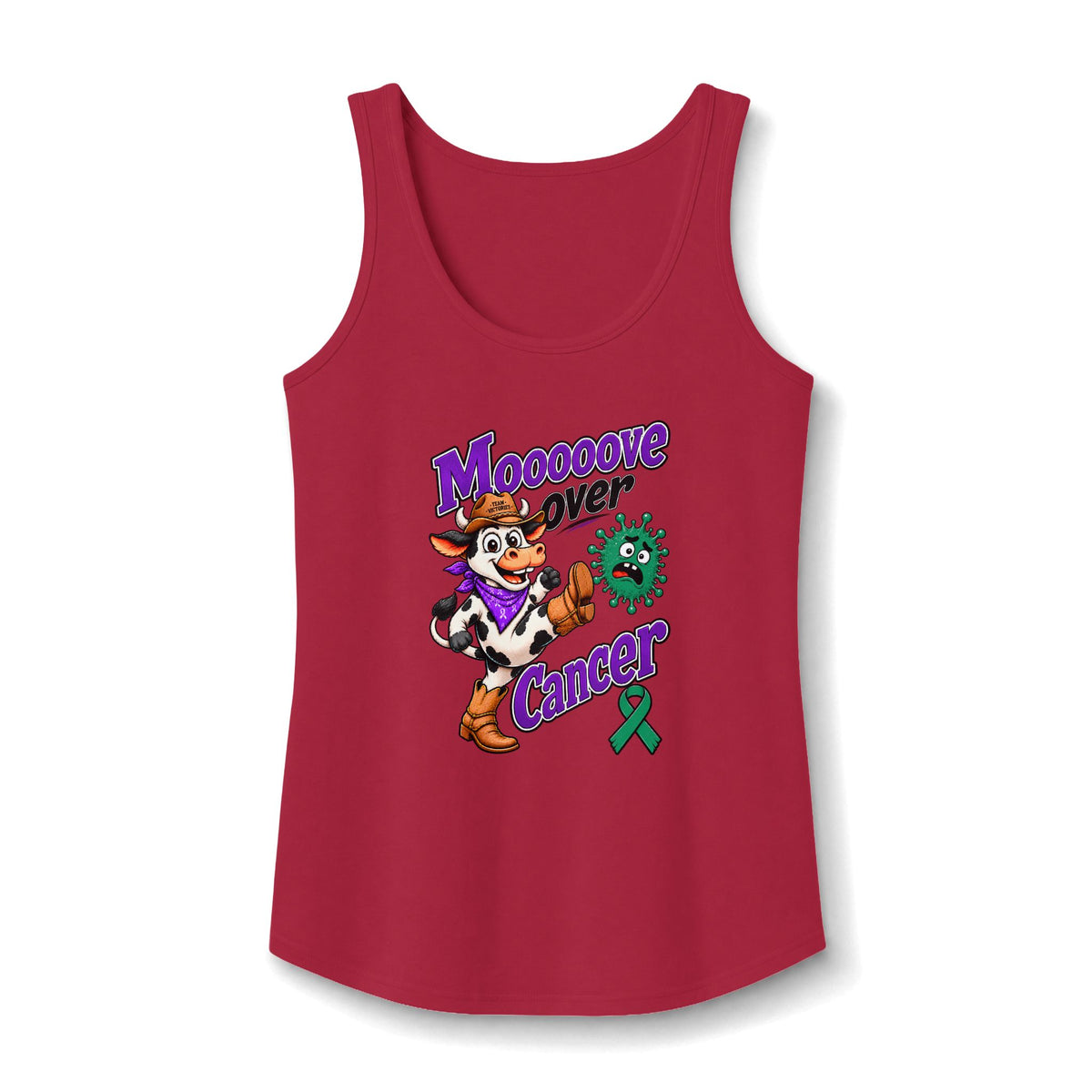 Red Moooove Over Cancer tank top with cowgirl graphic and Liver Cancer awareness ribbon